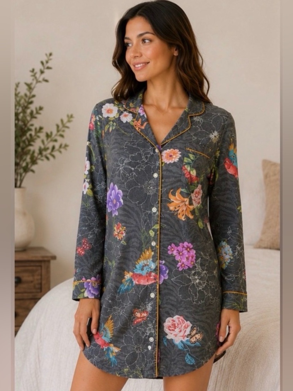 Johnny Was Neena Floral Bird Charcoal Sleep Shirt Nightshirt Pajama XS